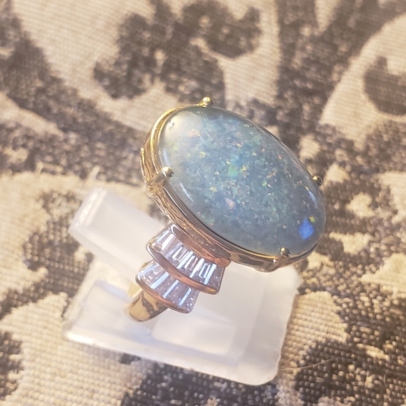 D'joy Jewelry - RareBoulder Opal and Moissanite Ring in Vermeil Yellow Gold Over Sterling Silver